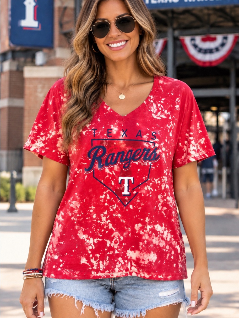 Texas Rangers MLB Bleach-dye V-Neck Tee Red Baseball tee